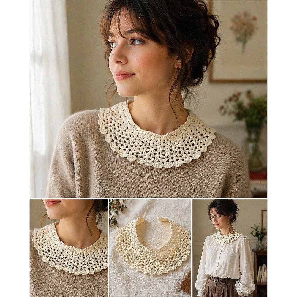 Vintage Crochet Lace Collar Cream Detachable Collar Cottagecore Peter Pan Style